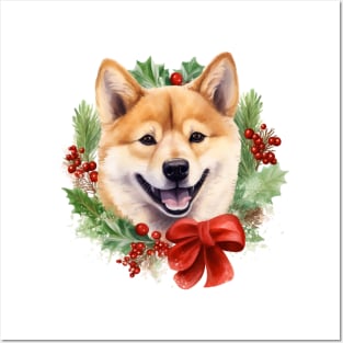 Christmas Shiba Inu Dog Wreath Posters and Art